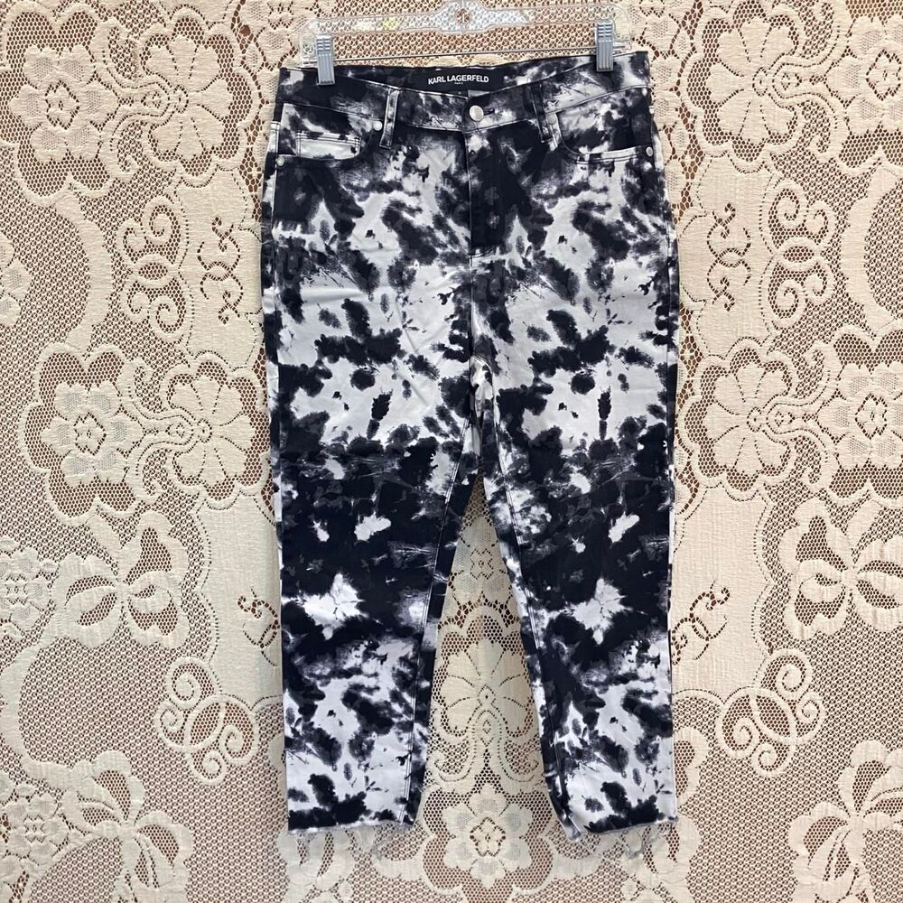 Karl Lagerfeld Paris black and white tie-dye cropped skinny jeans with a raw hem